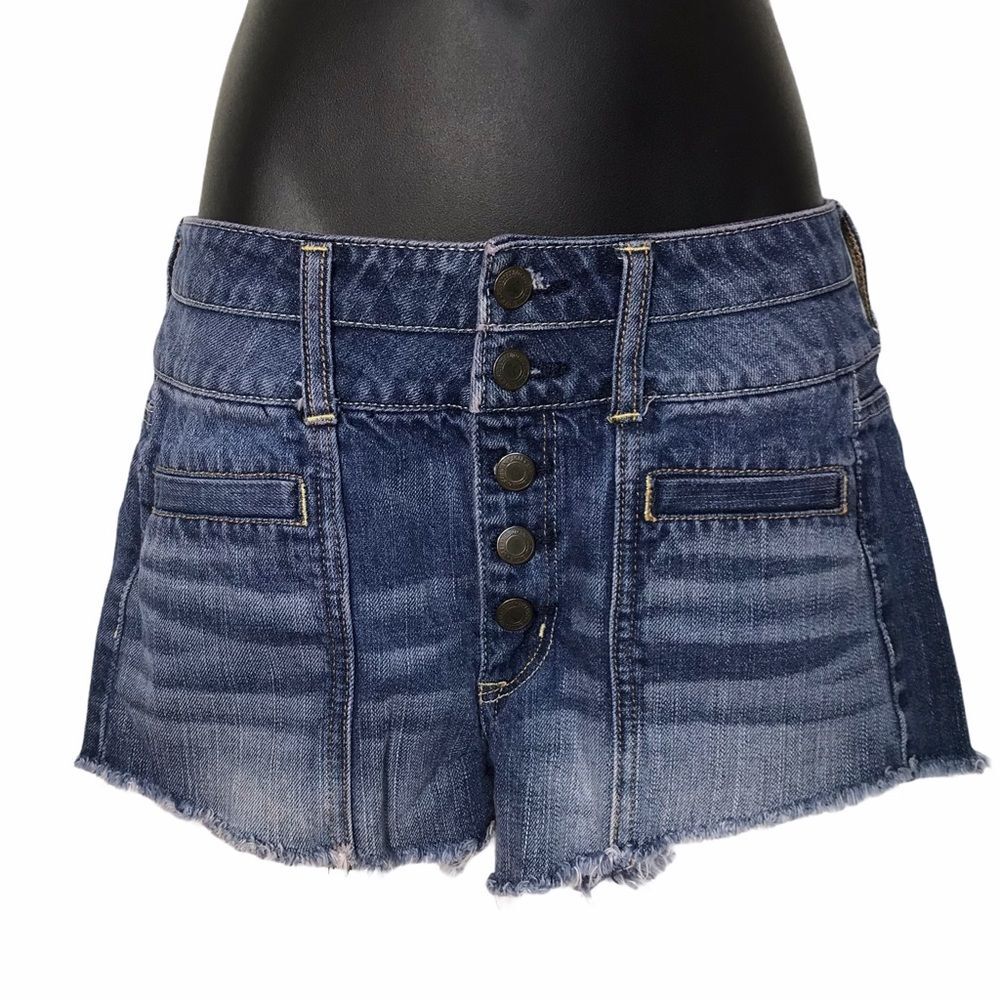 American Eagle Outfitters Button Fly Raw Hem Button Fly Blue Denim Jean Shorts 4